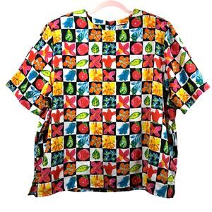 JORDAN WOMAN Vintage Fruit Floral Colorful Checkered Short Sleeve Blouse Size 24